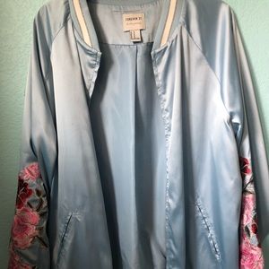 Floral embroidered light blue bomber jacket